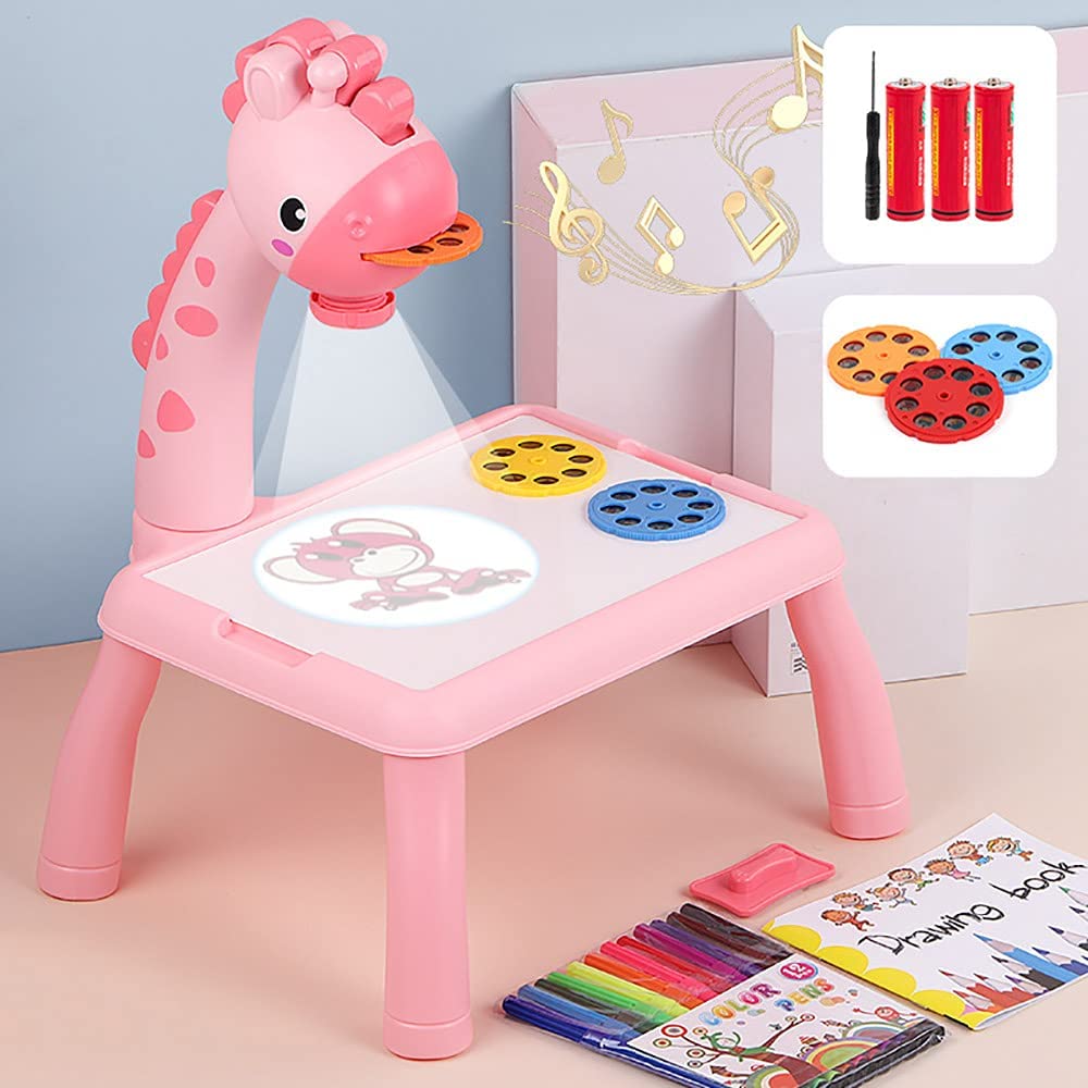 Kids Table Projector Art Drawing Desk Toy with 24 Pattern Slides & Color Pens