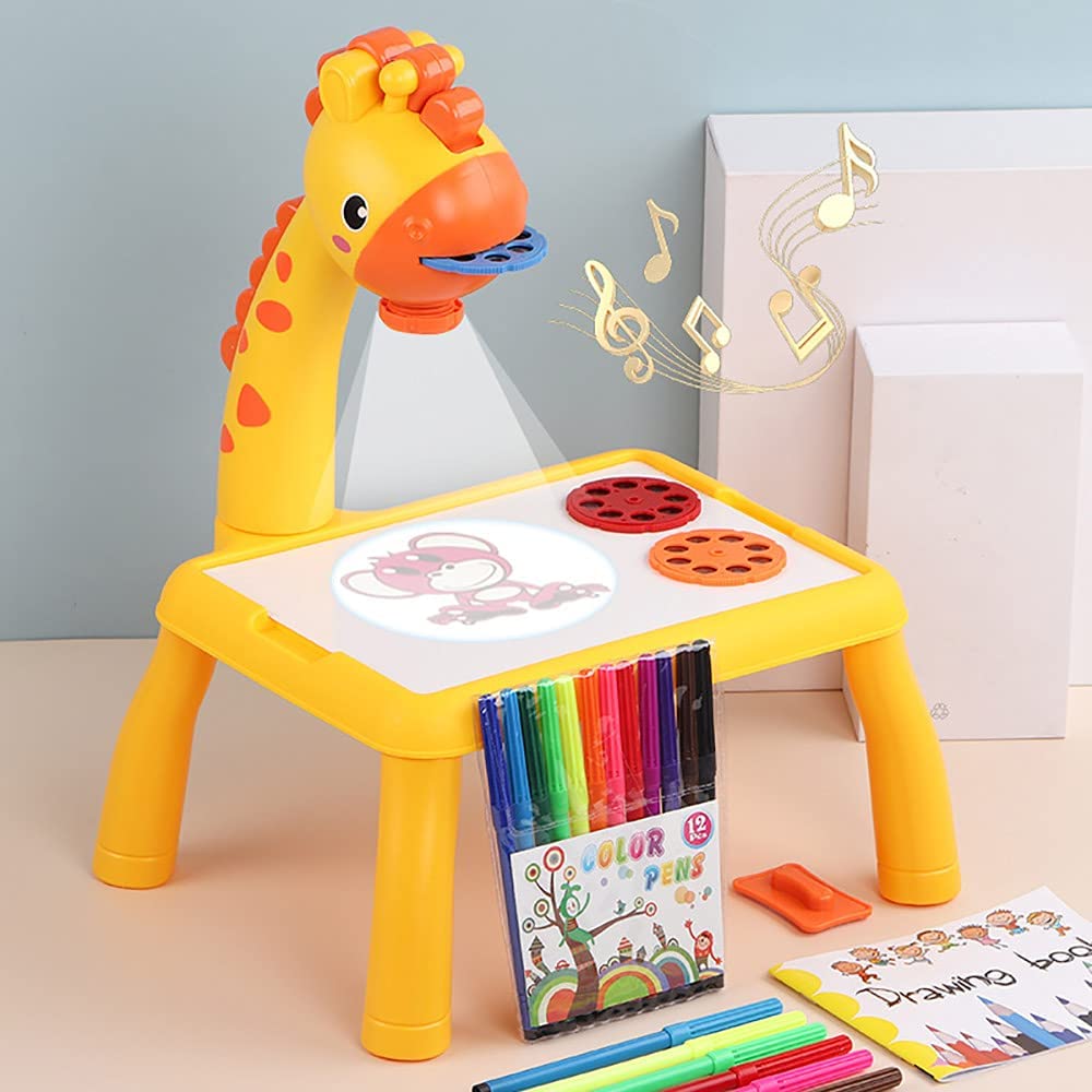 Kids Table Projector Art Drawing Desk Toy with 24 Pattern Slides & Color Pens